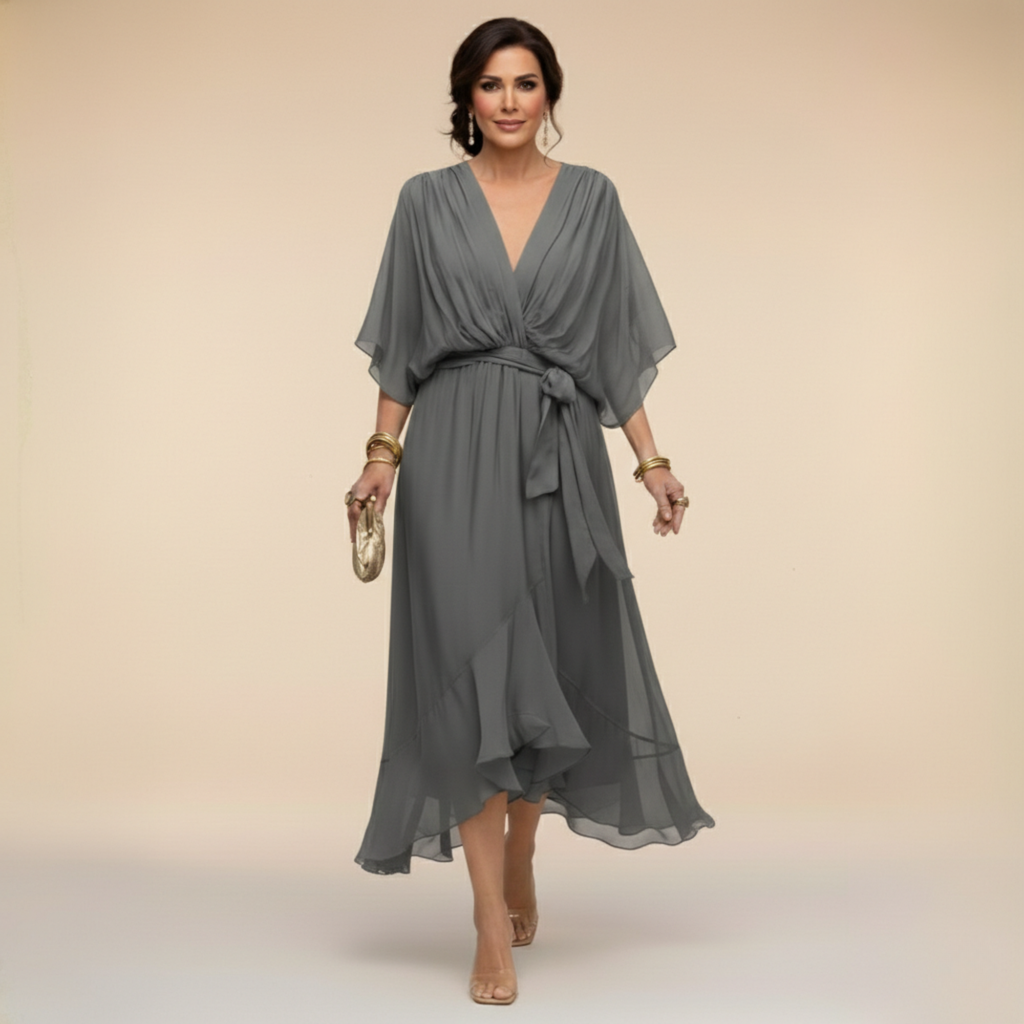 Flowing V-neck dress with soft draping detail