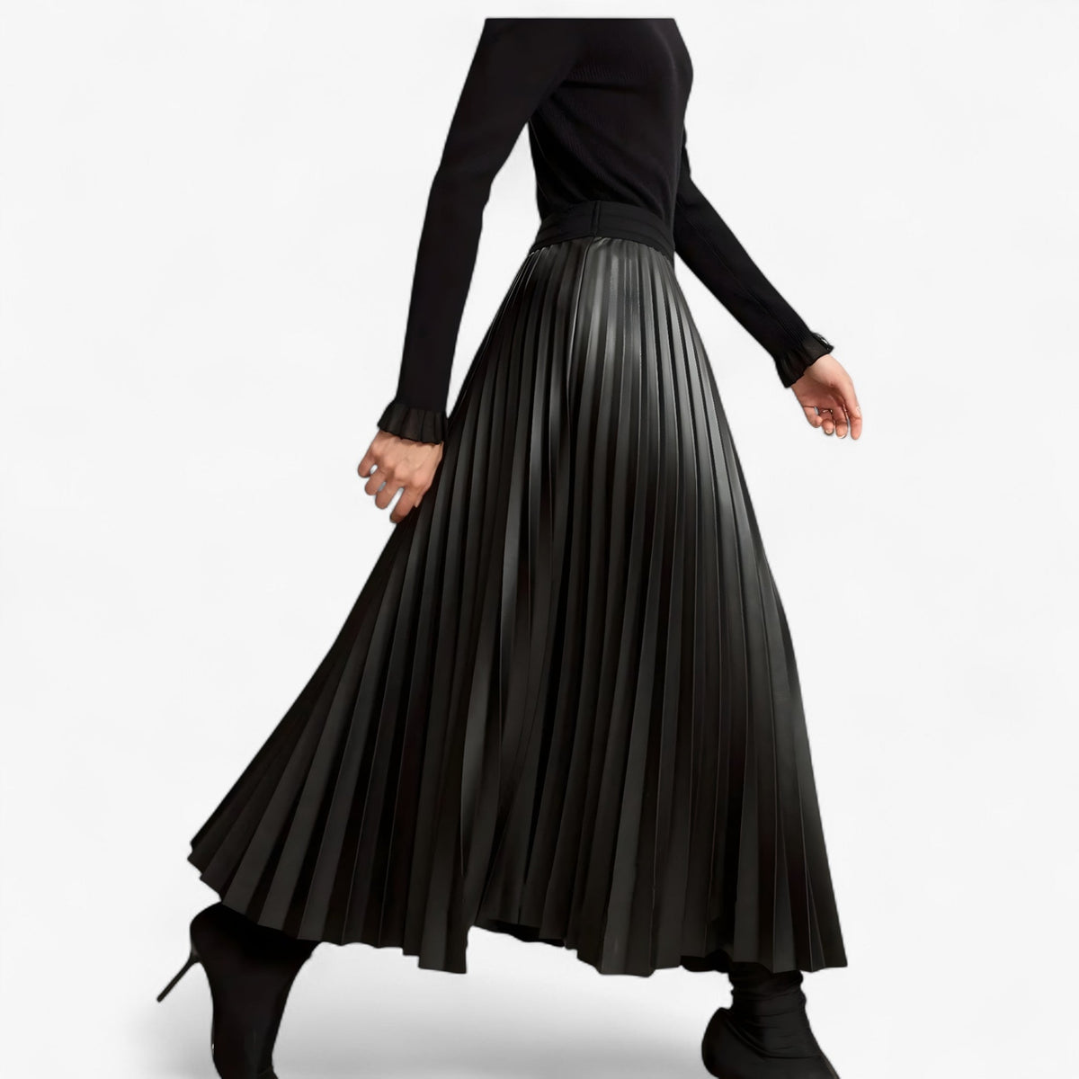 Pleated Eco-Leather Skirt with Elastic Waist for Day to Night