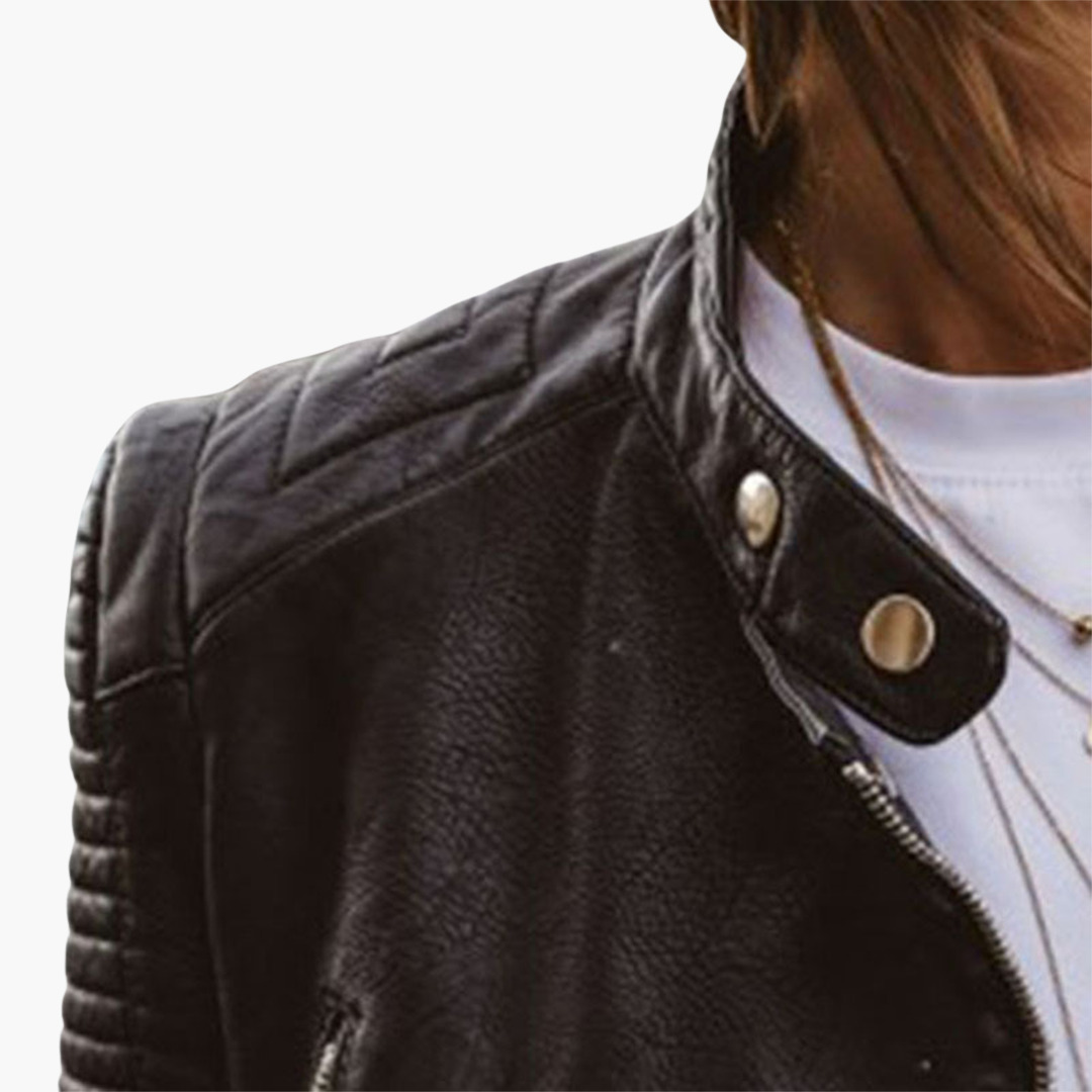 Leather Look Jacket with Defined Seams and Notched Neckline