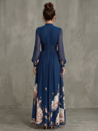 Pleated Maxi Dress with Sheer Sleeves and Ruched Bodice