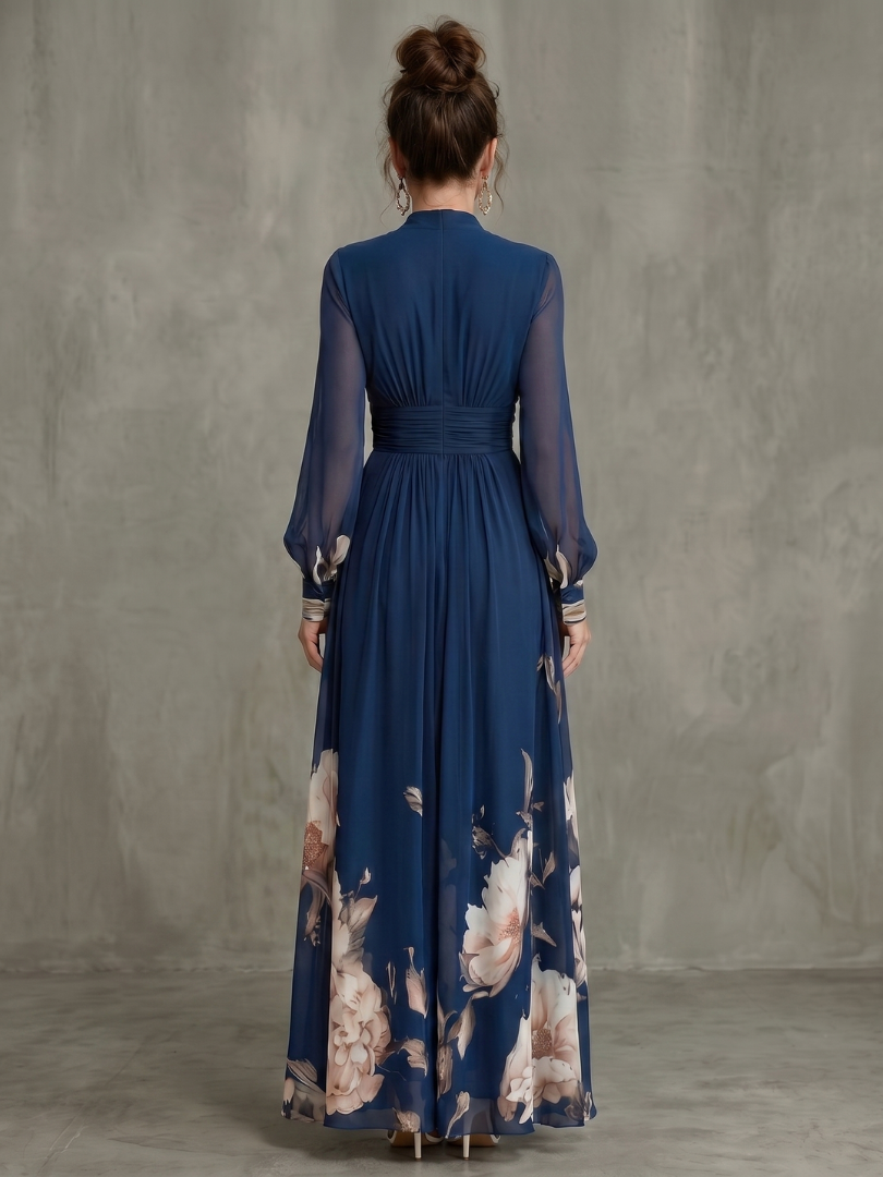 Pleated Maxi Dress with Sheer Sleeves and Ruched Bodice