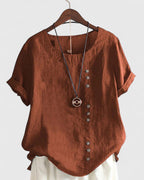 Short Sleeve Button Down Blouse with Round Neckline