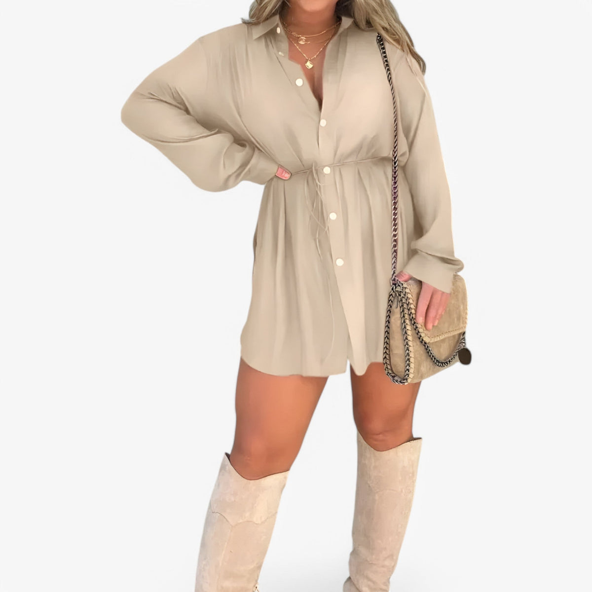 Long-Sleeve Collared Jumpsuit with Button Closure