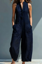 Linen Blend Sleeveless Jumpsuit with Stand Collar