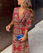 Vestido largo estampado con escote de pico y manga larga