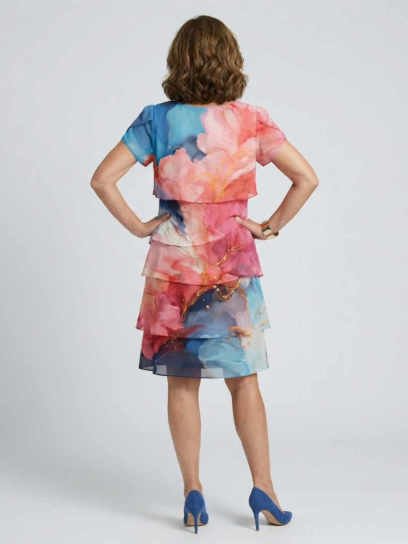 Vestido de capas por la rodilla con estampado floral efecto mármol