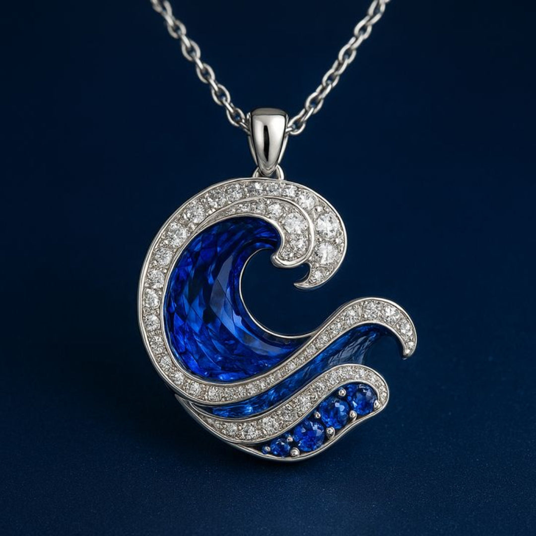 Blue Stone Wave Pendant Necklace with Ocean Feel and Fluid Shape