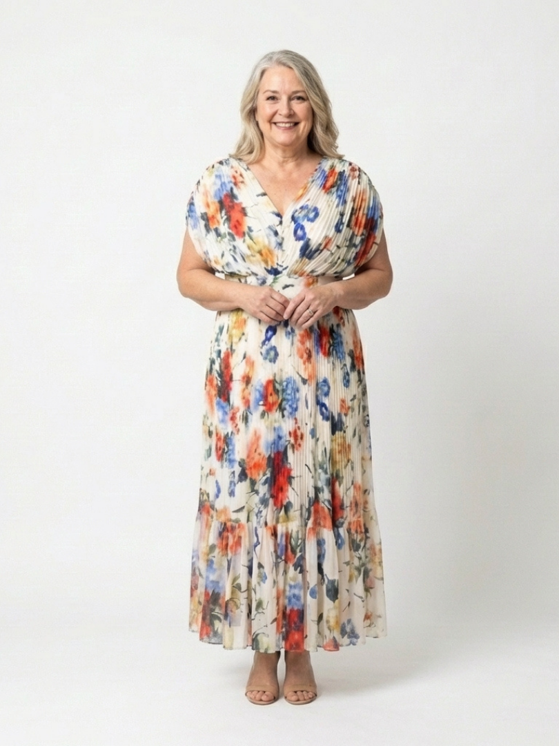 Vestido midi floral plisado con escote de pico