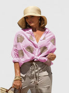 Embroidered Blouse with Roll Up Sleeves and Button Front