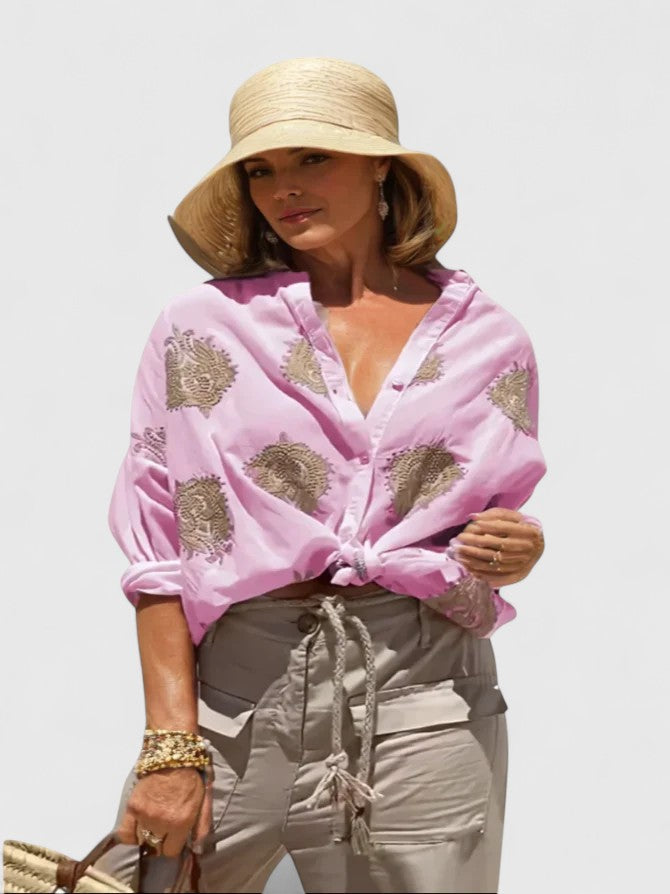 Embroidered Blouse with Roll Up Sleeves and Button Front