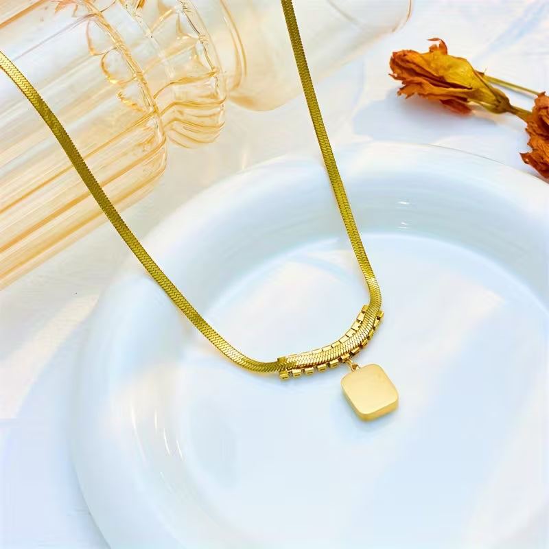 Green Stone Prism Pendant Necklace in Gold Colour with Faceted Shape