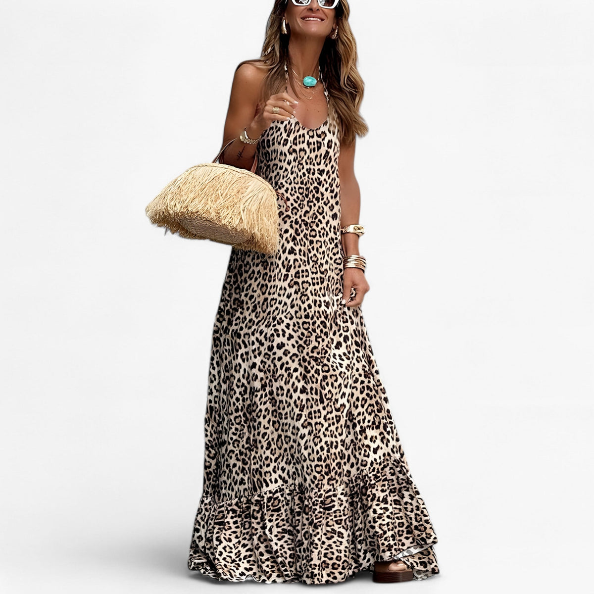 Vestido fluido con estampado de leopardo y cinturón ajustable
