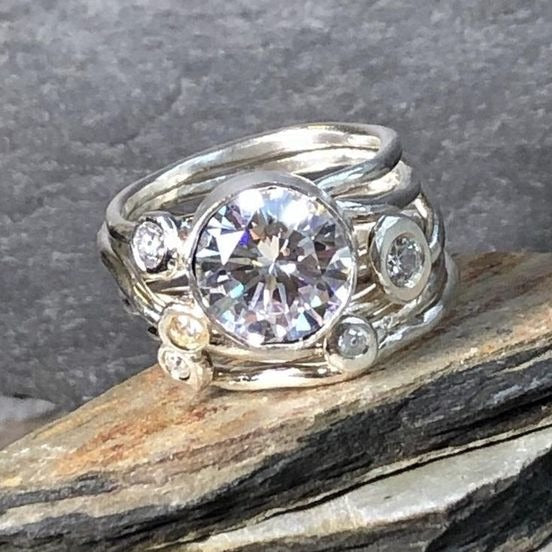 Vintage-Style Layered Ring with Zirconia Rows in Silver Colour