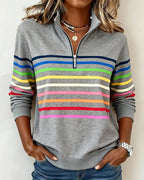 Half Zip Sweatshirt with Stand Collar and Stripe Detail
