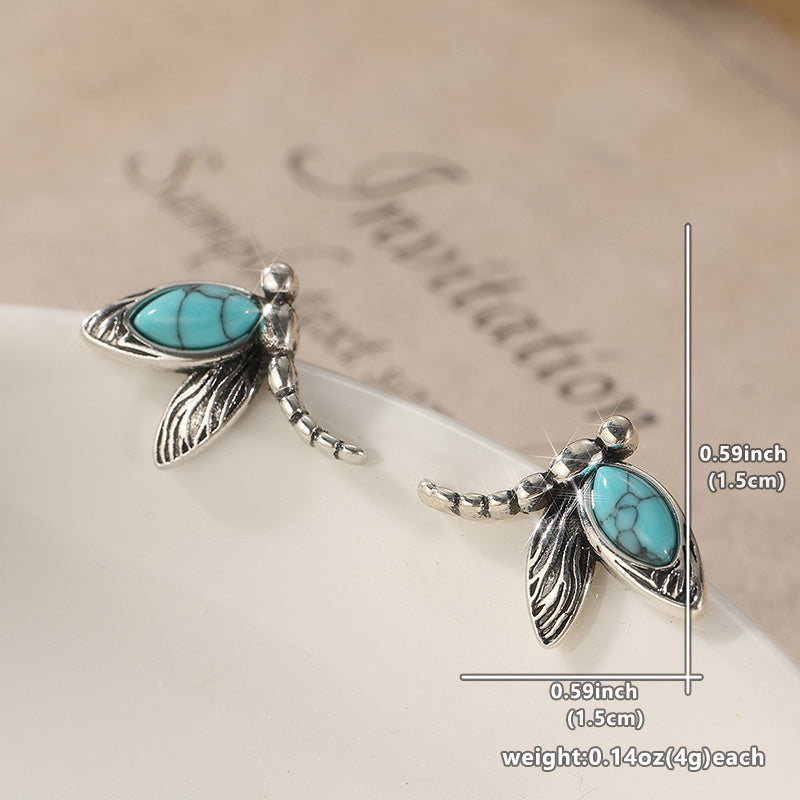 Blue-Green Stone Dragonfly Stud Earrings in Silver Colour