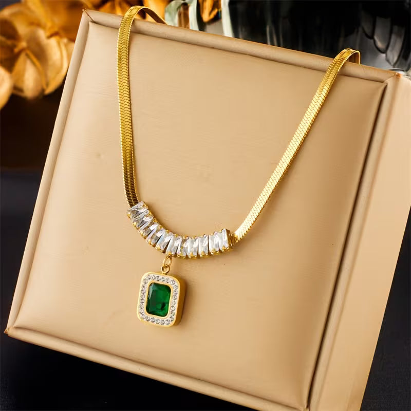Green Stone Prism Pendant Necklace in Gold Colour with Faceted Shape
