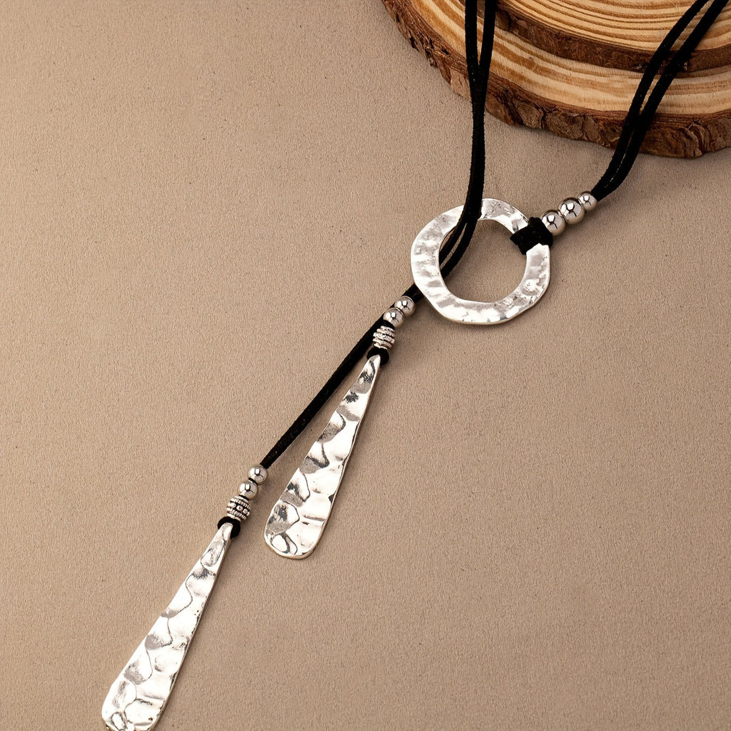 Western Hammered Drop Necklace in Silver Colour with Rustic Texture