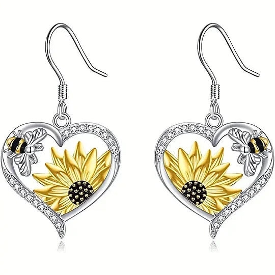 Sunflower, Bee and Heart Dangle Earrings with Vintage Look