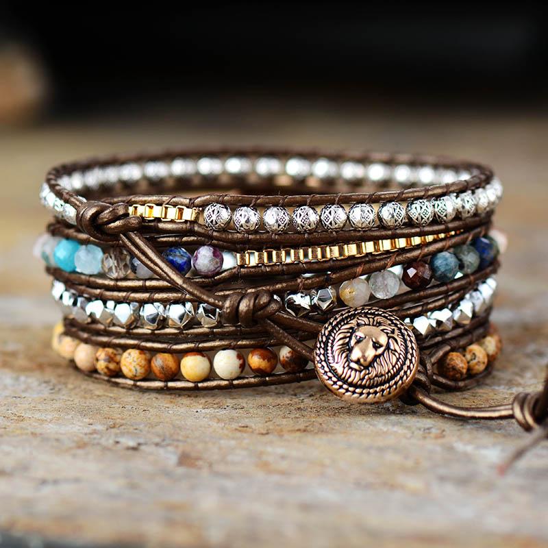 Pulsera envolvente de piel sintética con piedras de jaspe y cuarzo
