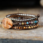 Pulsera envolvente de piel sintética con piedras de jaspe y cuarzo