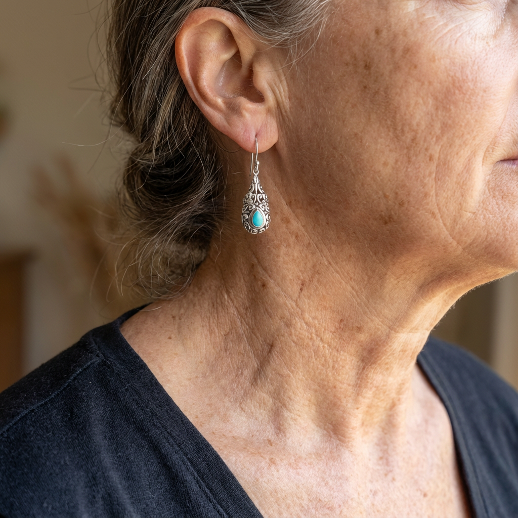 Teardrop Blue-Green Stone Drop Earrings in Silver Colour