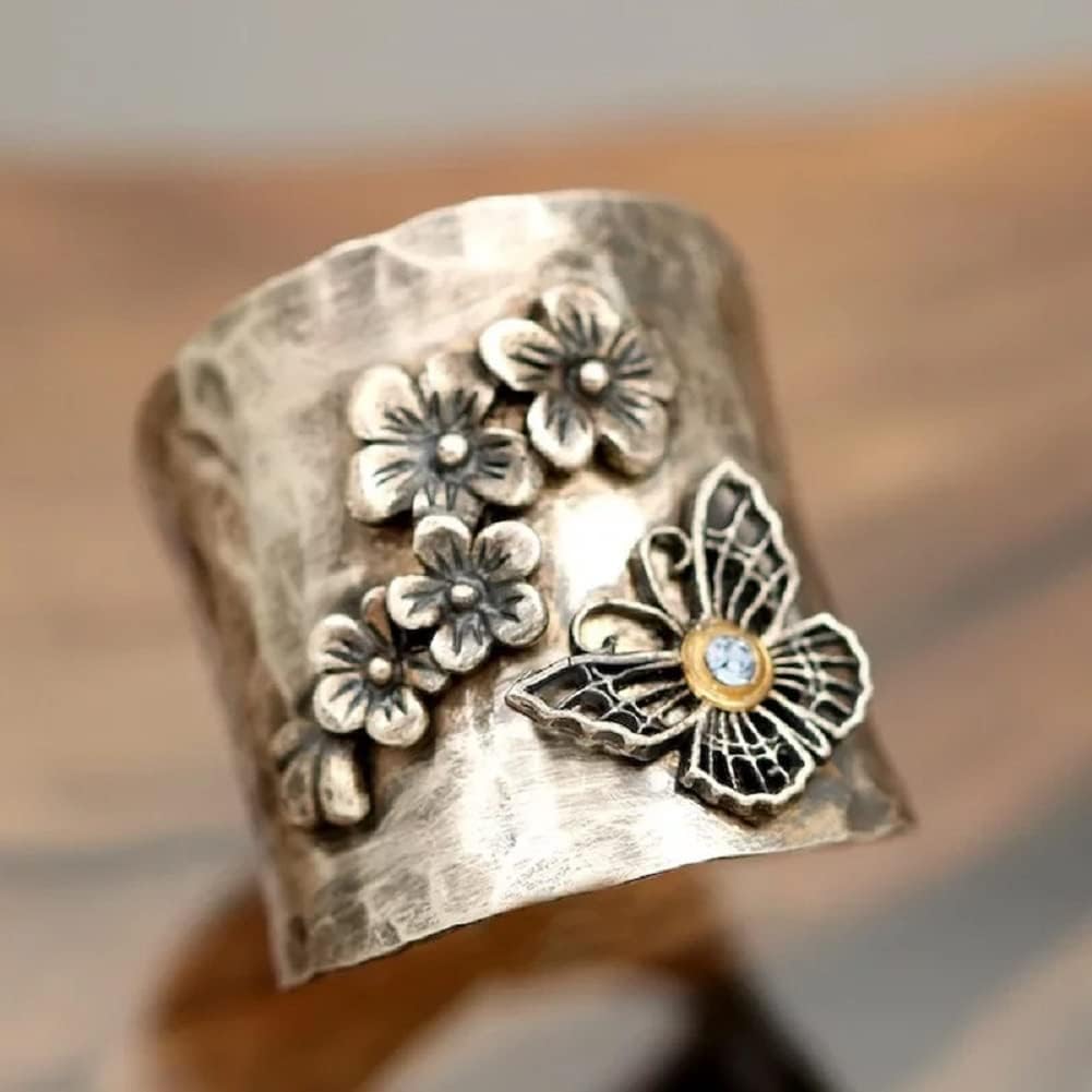 Wide Band Ring with Flower and Butterfly Relief in Silver Colour