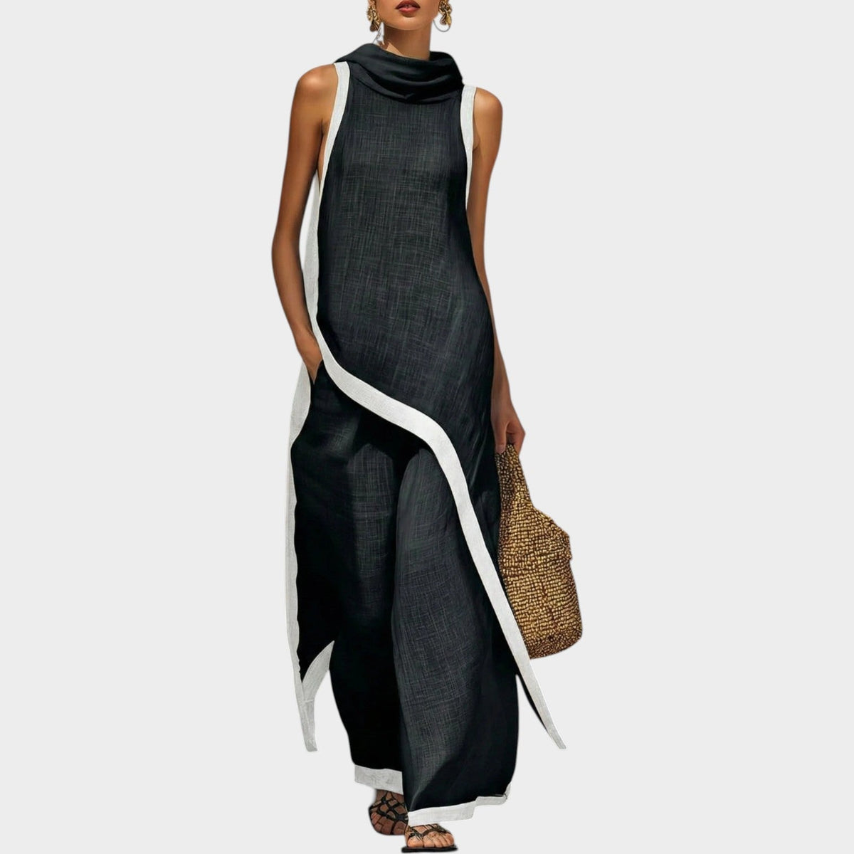 Asymmetric Two Piece Set with High Neck and Contrast Trim