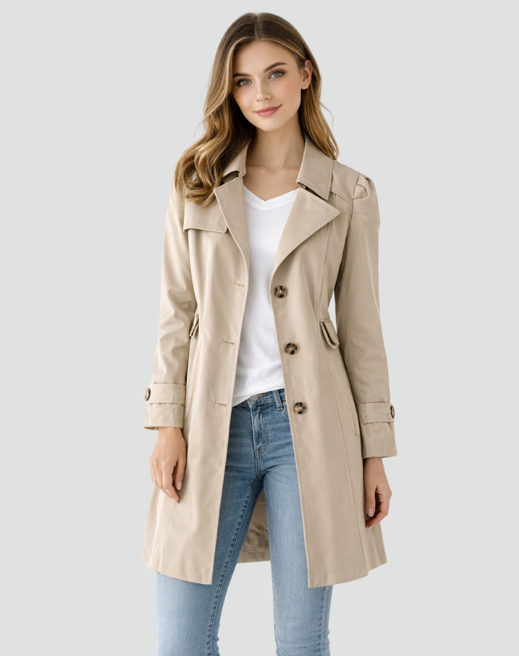 Gabardina de largo medio con cuello de solapa y detalle de botones
