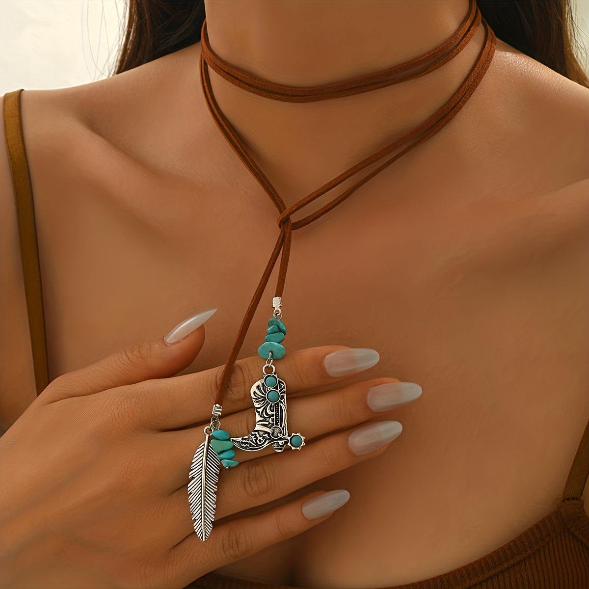 Vintage Bohemian Blue-Green Feather Pendant Layered Necklace