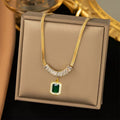 Green Stone Prism Pendant Necklace in Gold Colour with Faceted Shape