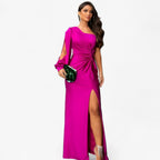Asymmetric One-Shoulder Satin Dress with Front Knot