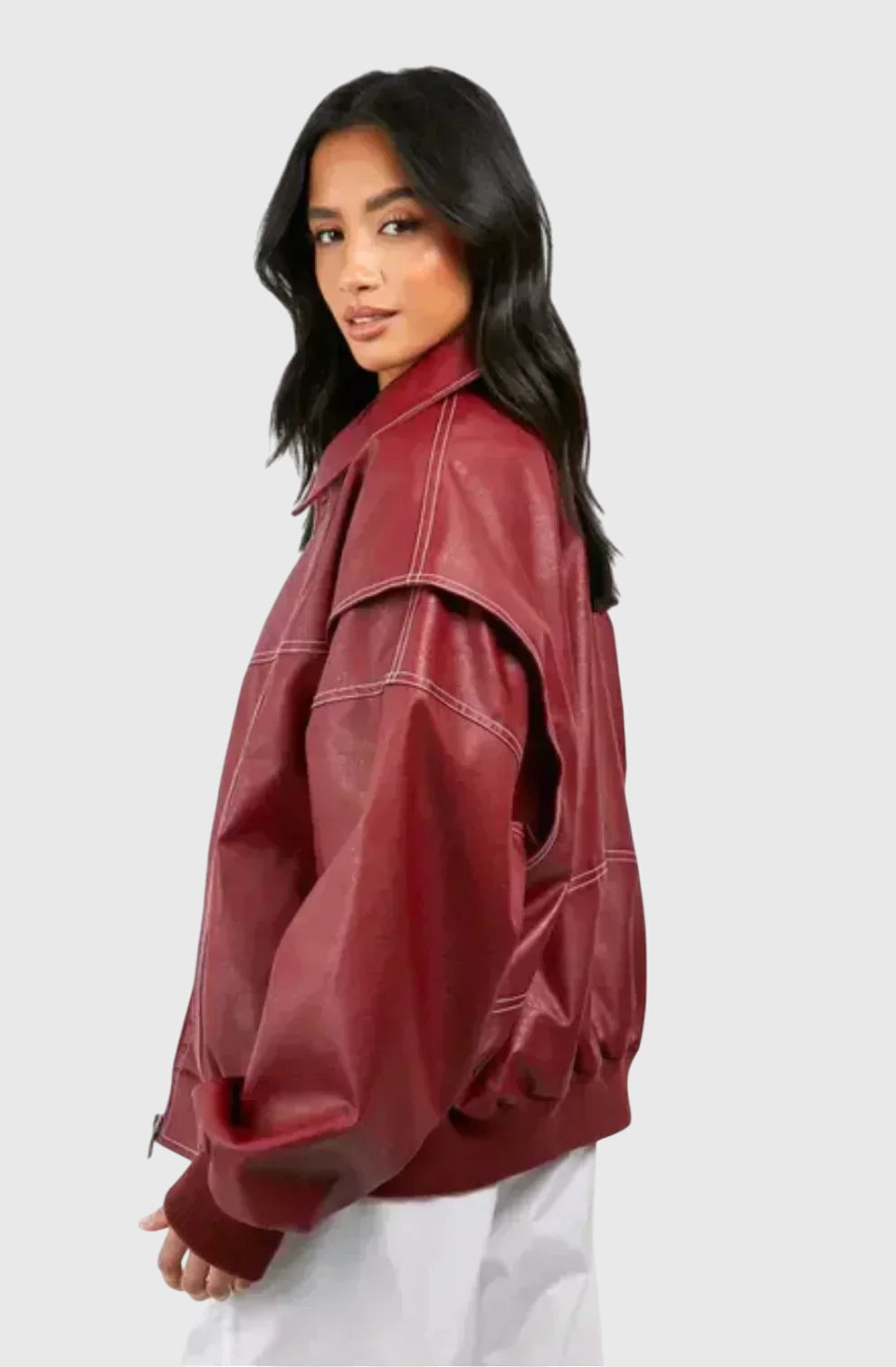 Oversized Leather Look Jacket in Bold Red
