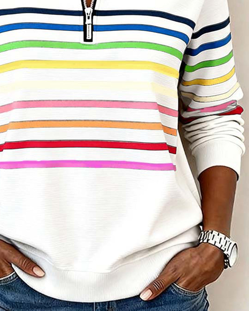 Half Zip Sweatshirt with Stand Collar and Stripe Detail