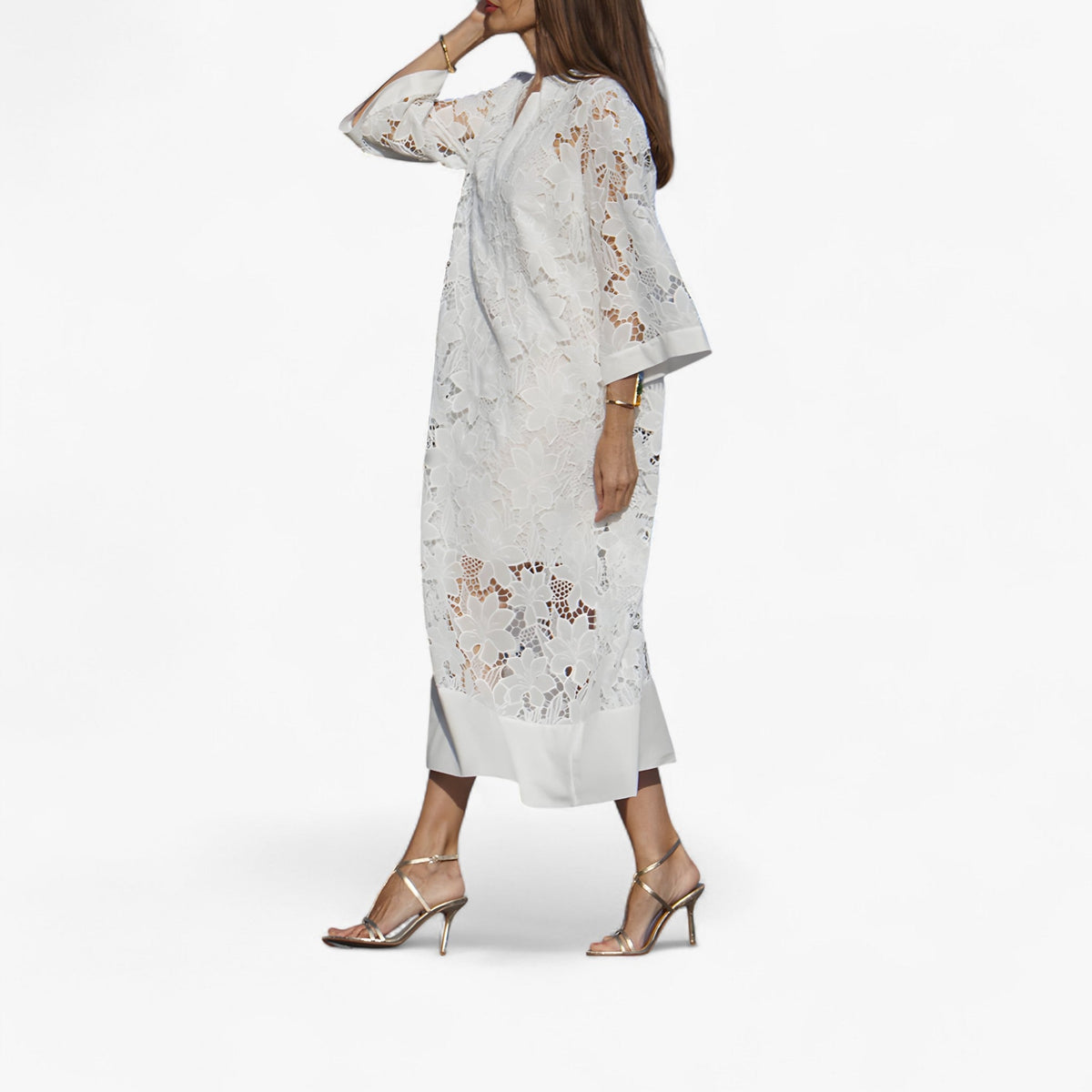 Floral Lace Midi Dress with Sheer Sleeves and Fitted Waist