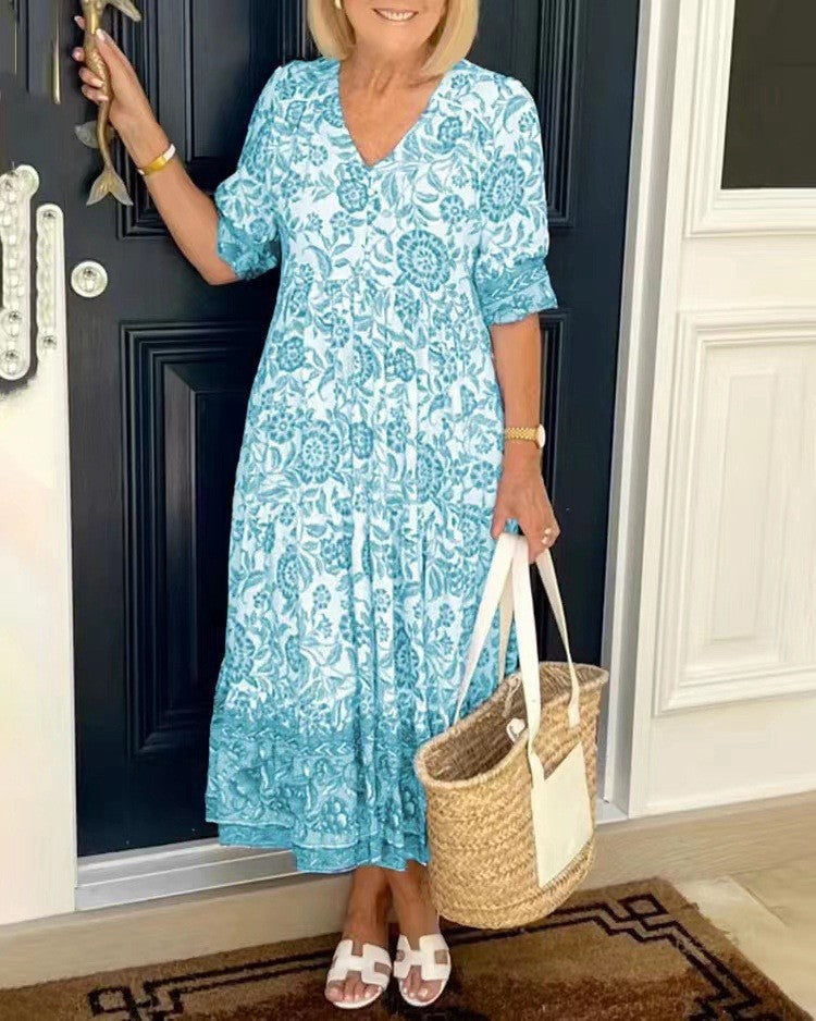 Floral V-Neck Dress with Soft Feminine Line