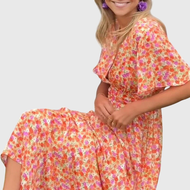 Floral V-Neck Summer Dress with Defined Waist