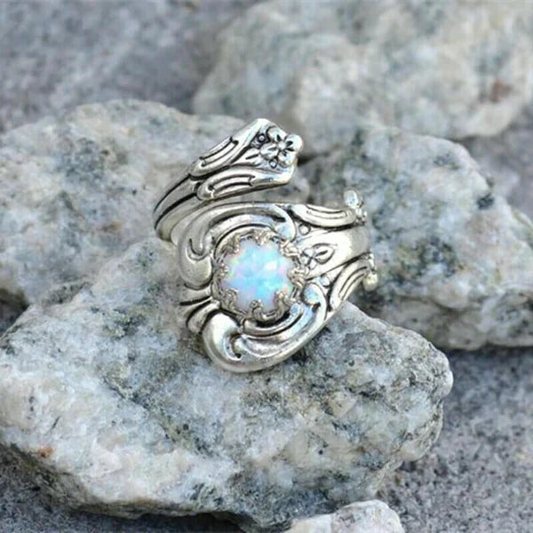 Adjustable Spoon-Style Ring with Iridescent White Stone