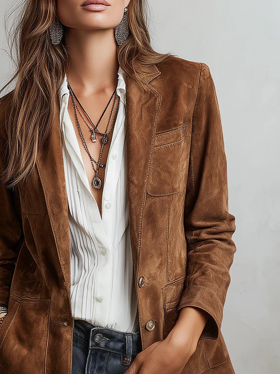 Suede Look Jacket with Collar and Button Front