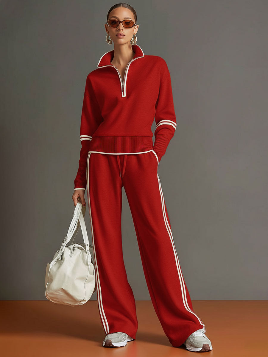 Striped Two Piece Set with Blouse and Wide Leg Trousers