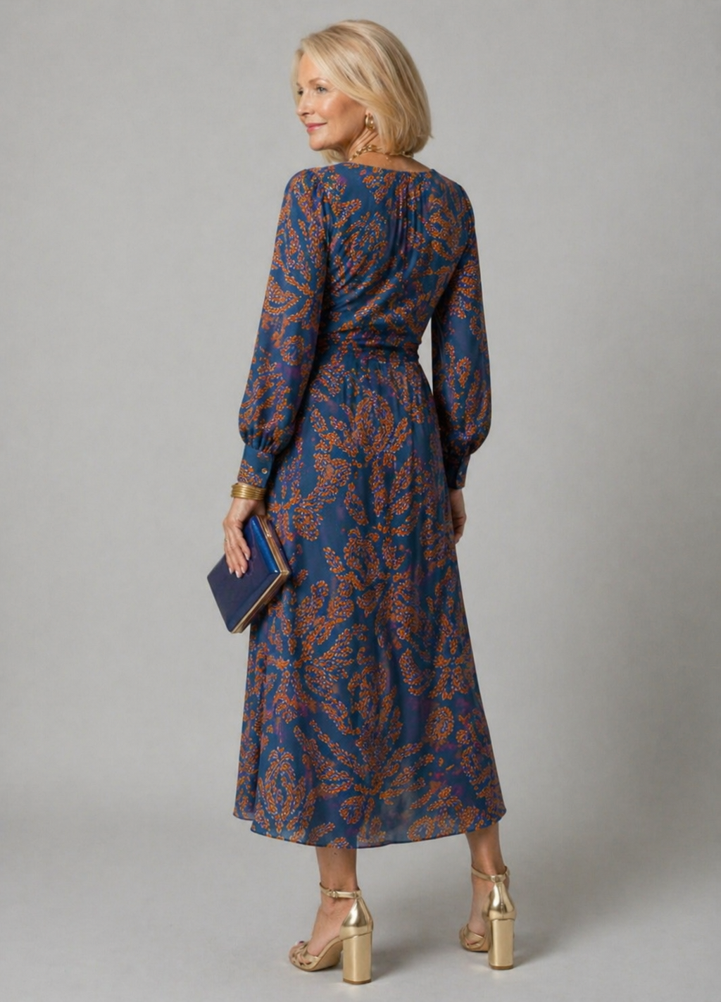 Floral Print Wrap-Front Dress with Long Sleeves