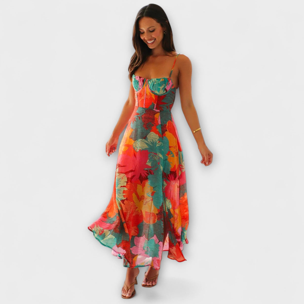 Floral Strap Dress with Square Neck and Open Back