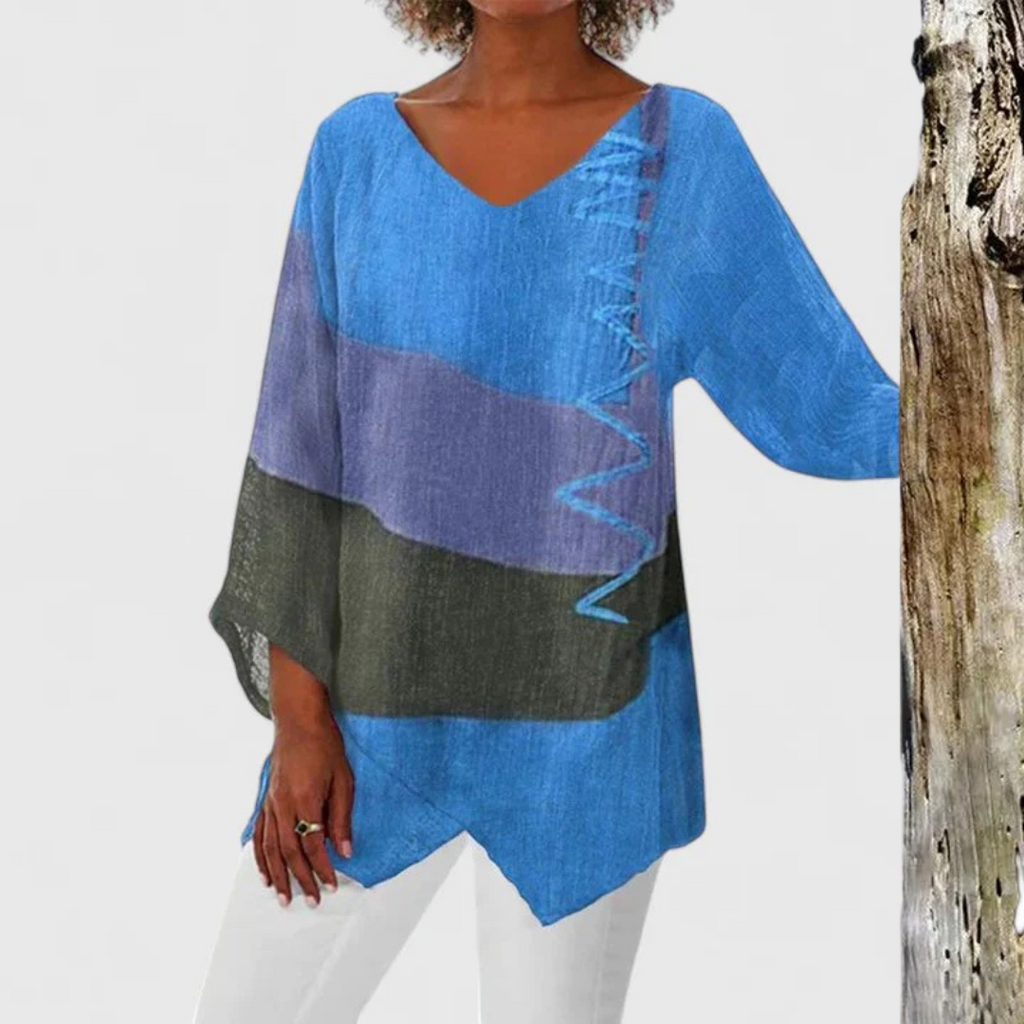 V-Neck Tunic with Brushstroke Print and Asymmetric Hem