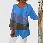 V-Neck Tunic with Brushstroke Print and Asymmetric Hem
