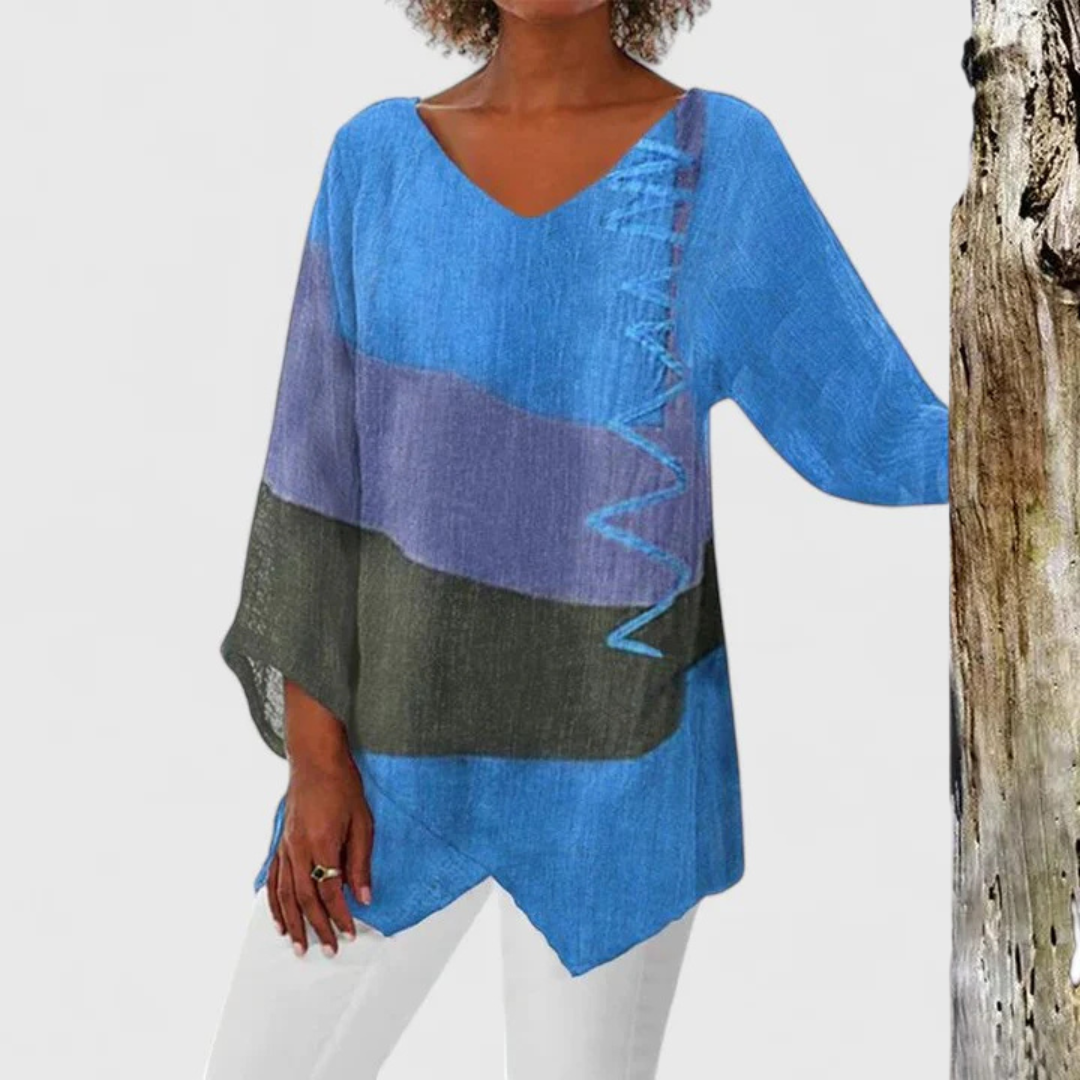 V-Neck Tunic with Brushstroke Print and Asymmetric Hem