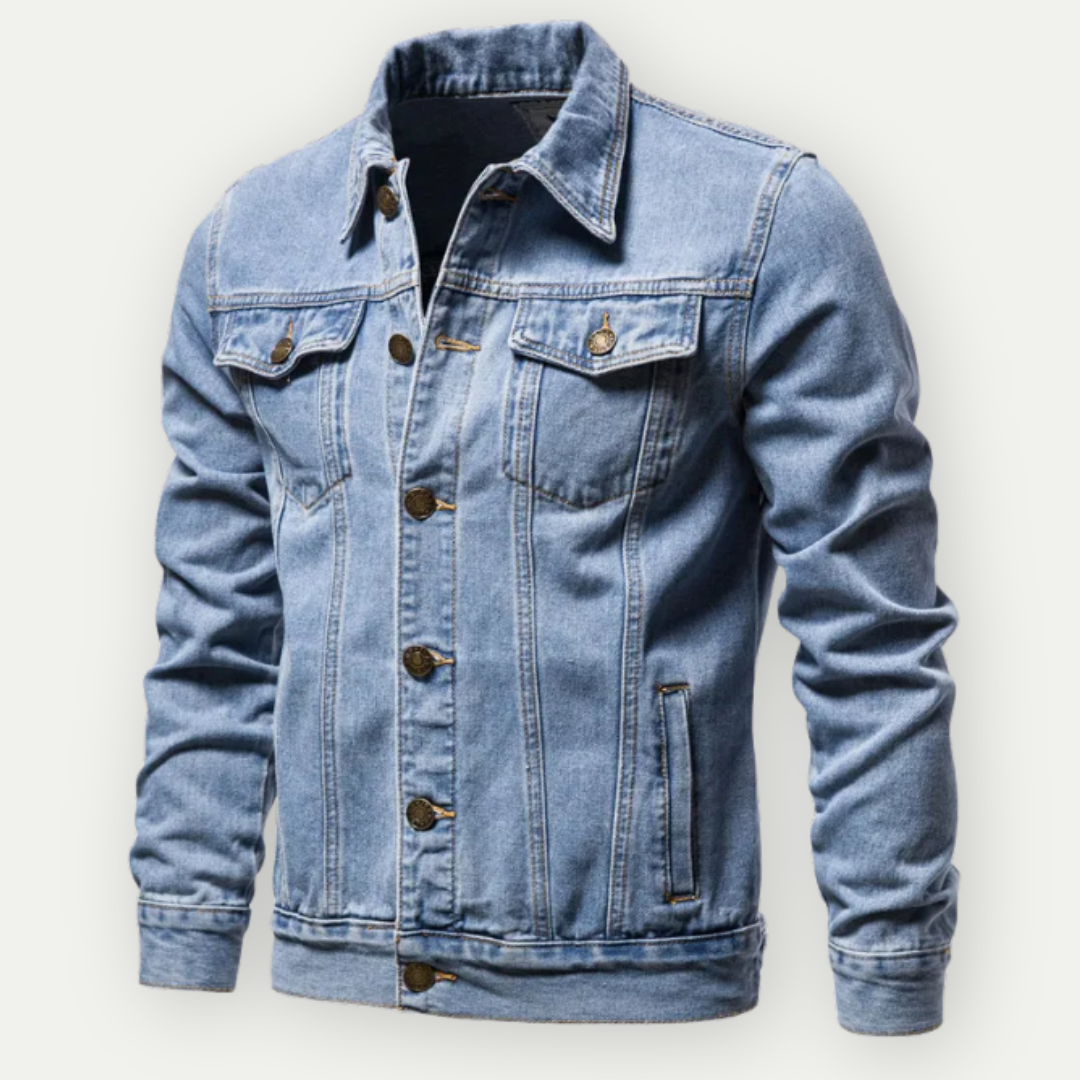 Men's Washed Denim Trucker Jacket with Chest Pockets