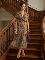Floral Midi Dress with Wrap Bodice and Short Sleeves
