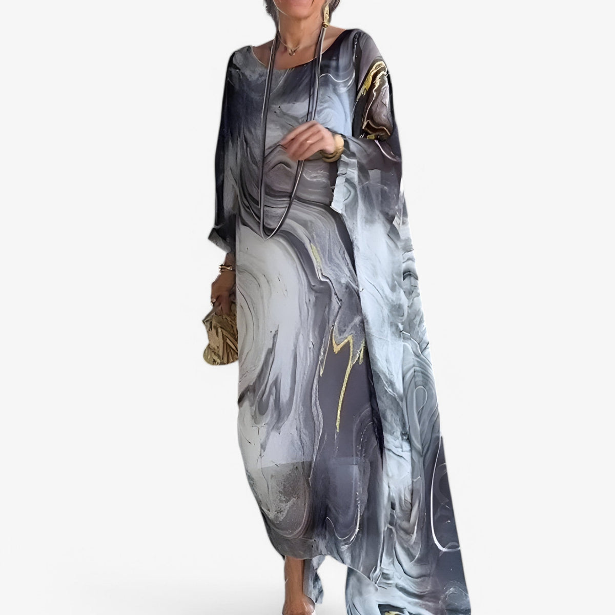 Vestido largo de gasa con estampado de mármol y mangas con volantes