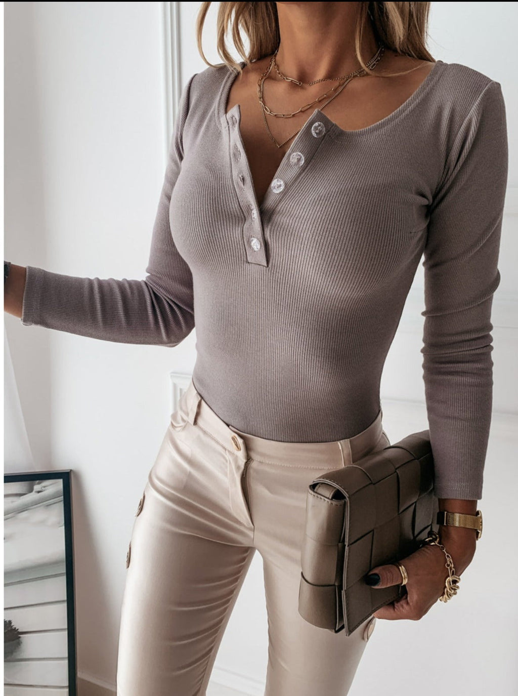 Ribbed Button Top with Long Sleeves and Slim Fit