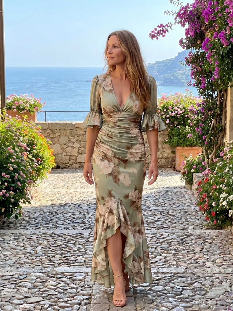 Vestido midi con cuello de pico, cintura fruncida y mangas de volante