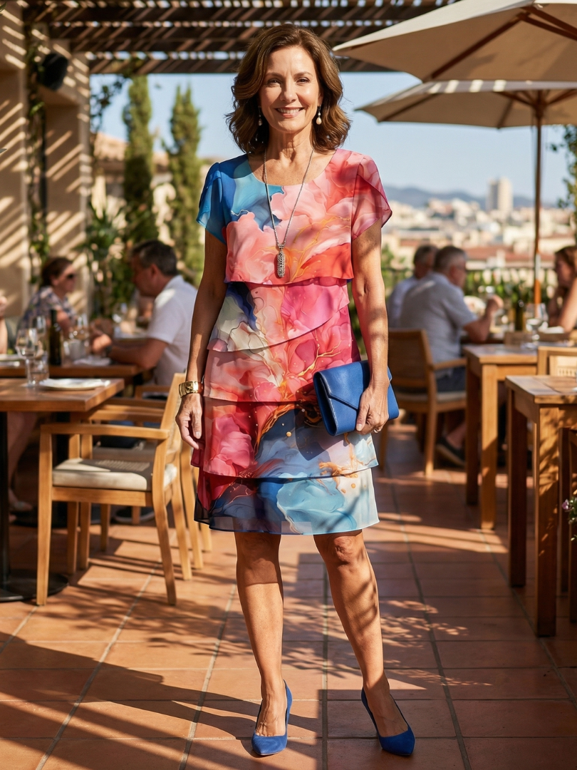 Vestido de capas por la rodilla con estampado floral efecto mármol